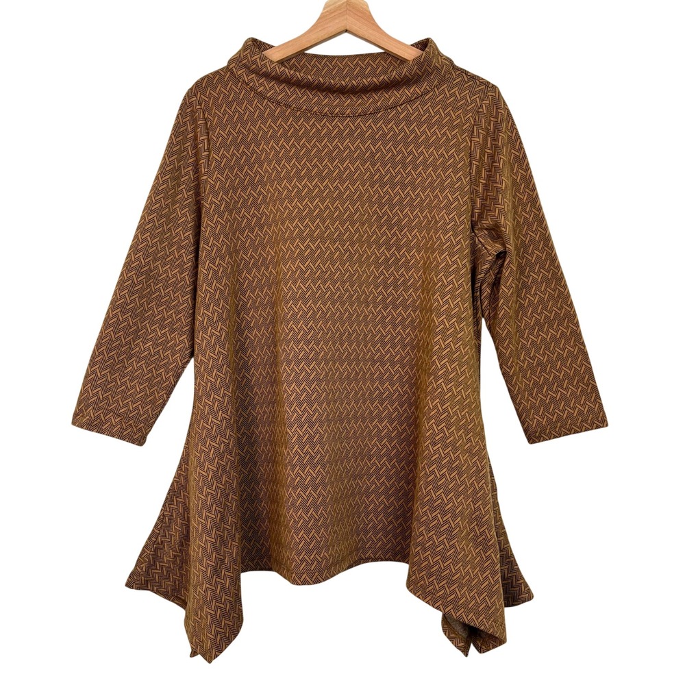 Calessa Womens Herringbone Funnel Neck Sharkbite Hem Tunic Top Brown Black L